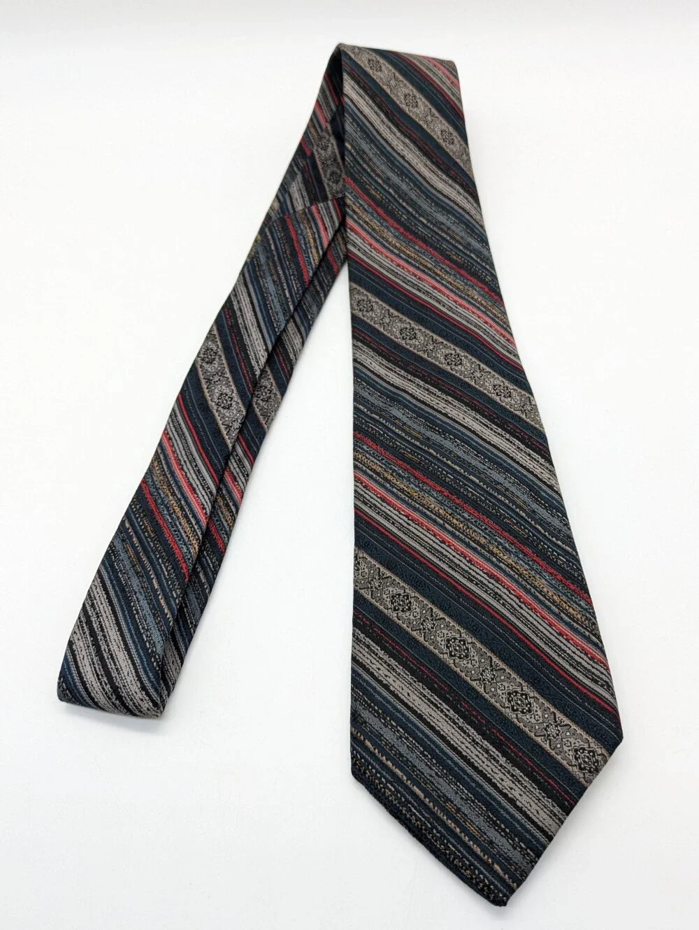 Vintage Blocks X'Andrinin Blue Grey Red Striped Silk Mens Tie